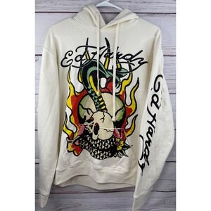 Ed Hardy Snake Skull Graphic Hoodie Cream Off White Y2K Tattoo Print Mens Medium